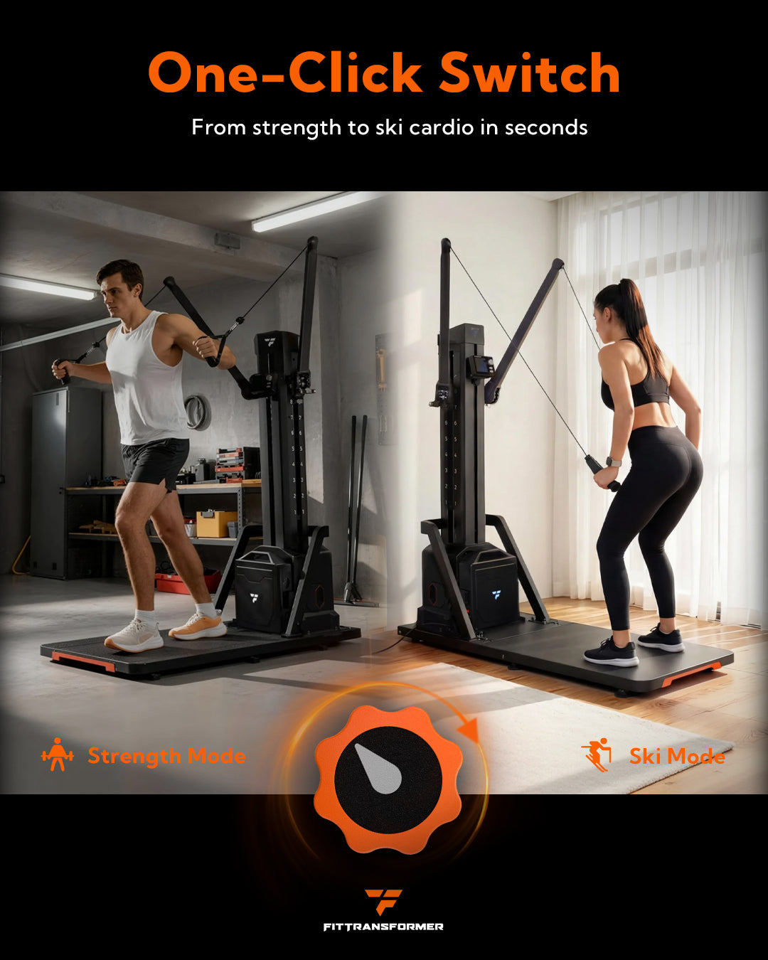 Woman exercising on the FitTransformer cable machine in a home setting