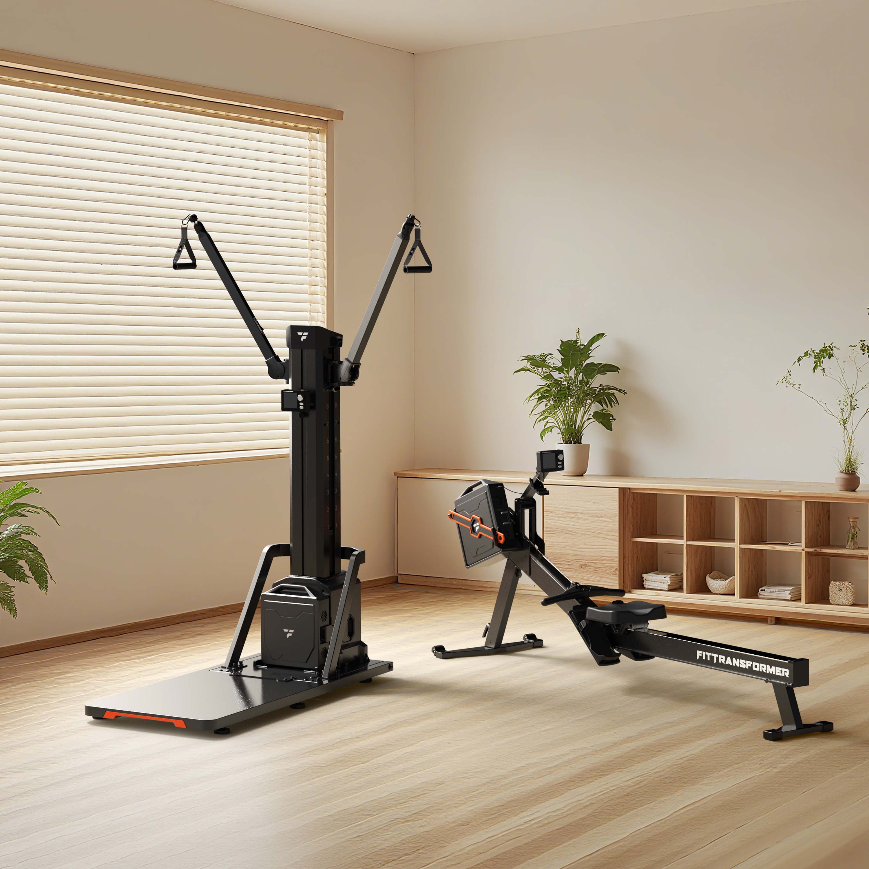FitTransformer smart modular gym equipment with strength machine and rowing machine in modern minimalist home fitness room